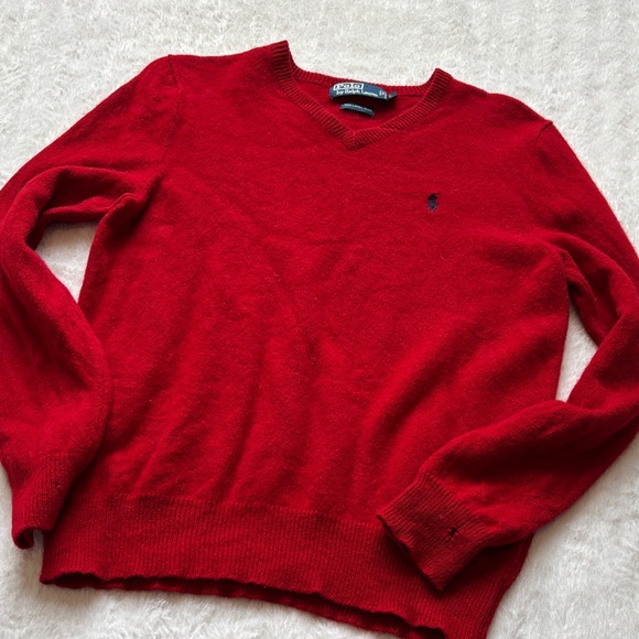 Polo Ralph Lauren Sweaters - RL Polo Vibrant 100% Lambs Wool Classic Red V-Neck Sweater with Navy Polo horse